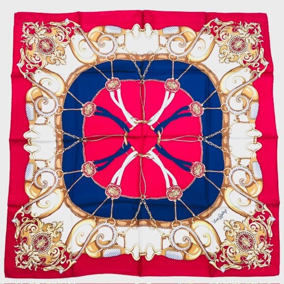 New Unused Louis Quatorze Paris 100%  Silk Satin 27" Burgendy Blue Godl Logo (51 - Picture 1 of 7